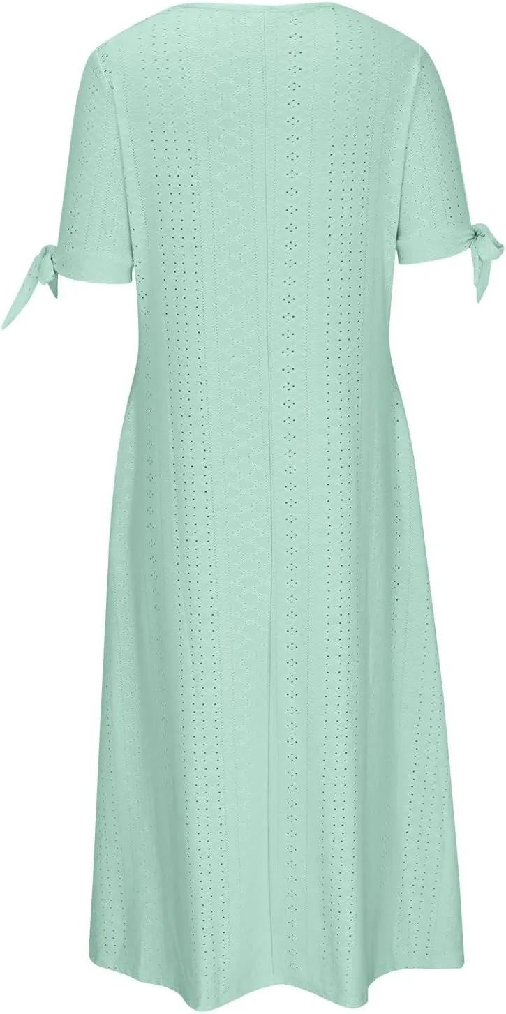 Womens Midi Dresses Summer Plus Size Fashion Hollow Out Breathable Short Sleeves V-Neck Loose Comfy Beach Sundress