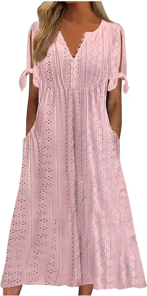 Womens Midi Dresses Summer Plus Size Fashion Hollow Out Breathable Short Sleeves V-Neck Loose Comfy Beach Sundress