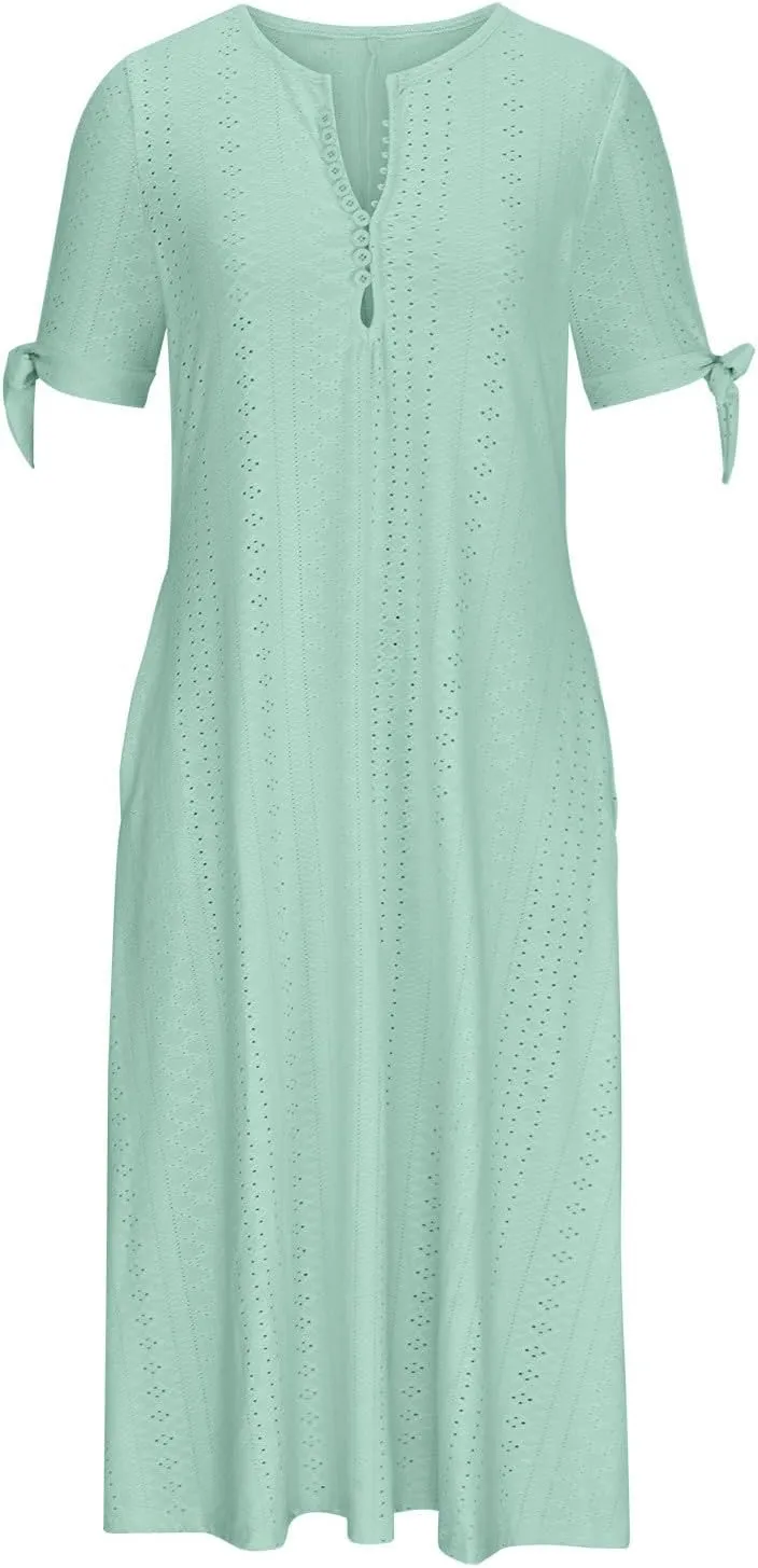 Womens Midi Dresses Summer Plus Size Fashion Hollow Out Breathable Short Sleeves V-Neck Loose Comfy Beach Sundress
