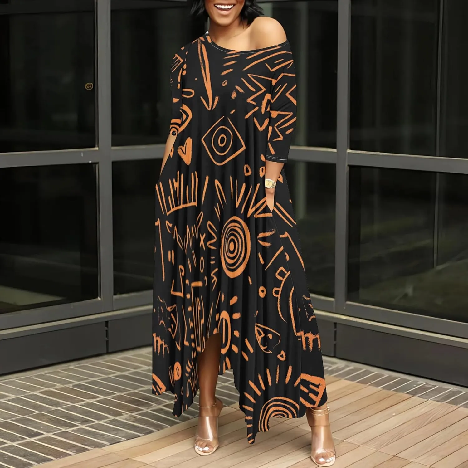 Women's Plus Size African Style Print Plus Size Long Dress Casual Loose Round Neck Breathable with Pockets Dresses