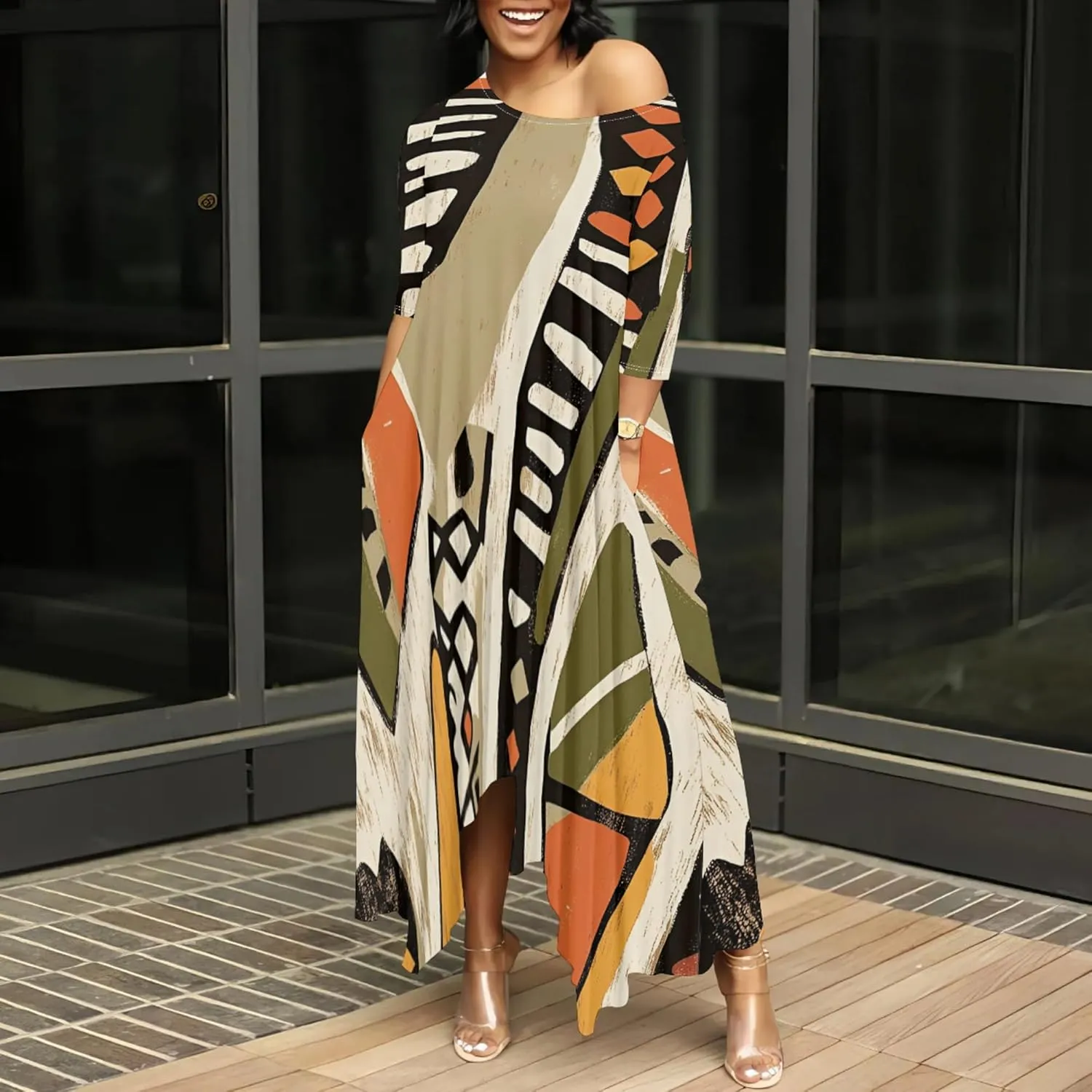 Women's Plus Size African Style Print Plus Size Long Dress Casual Loose Round Neck Breathable with Pockets Dresses