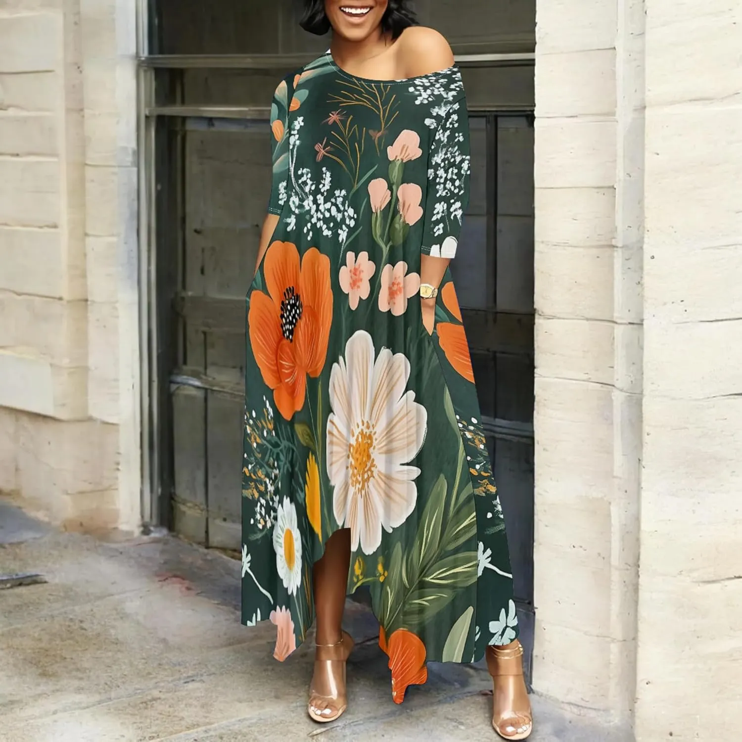 Women's Plus Size African Style Print Plus Size Long Dress Casual Loose Round Neck Breathable with Pockets Dresses