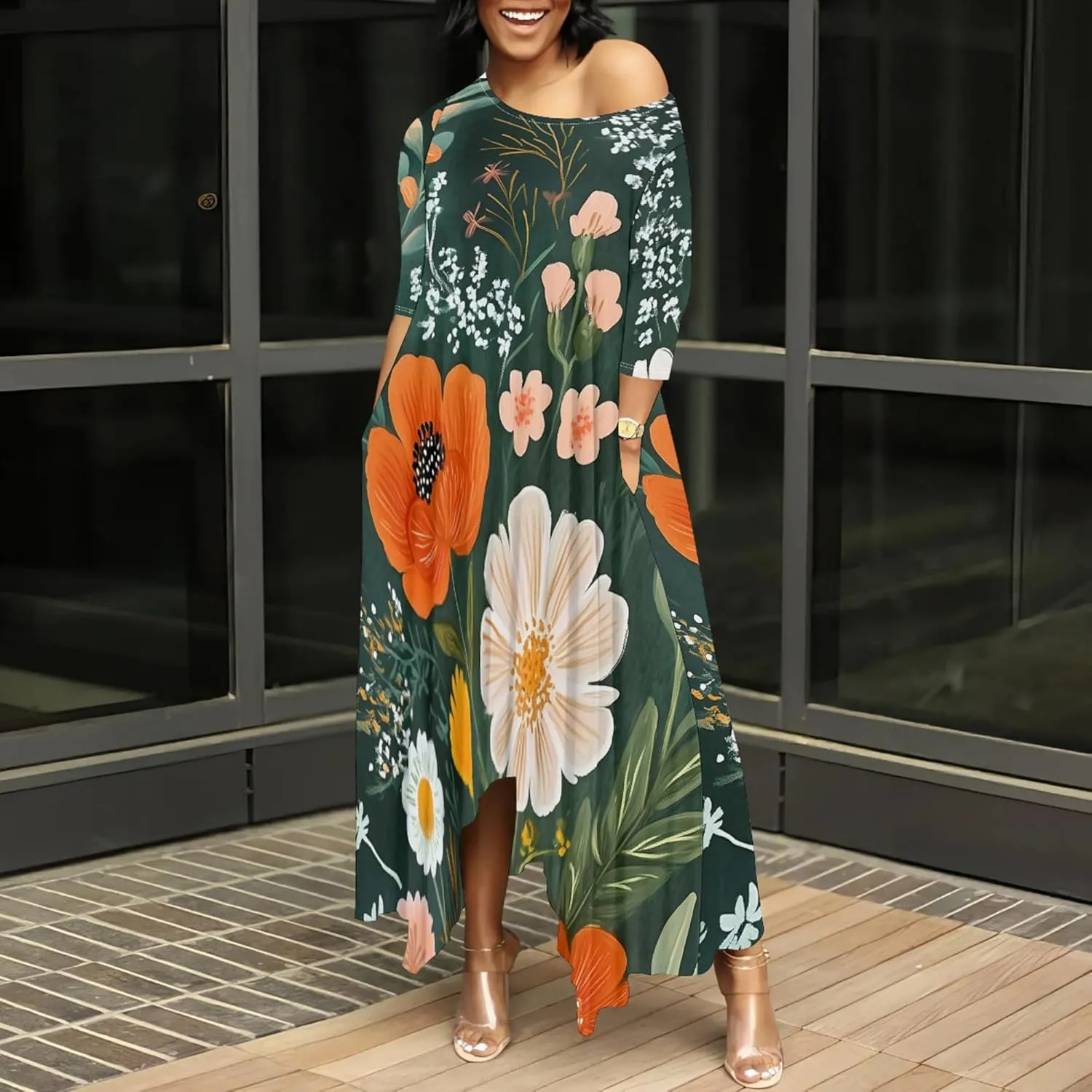Women's Plus Size African Style Print Plus Size Long Dress Casual Loose Round Neck Breathable with Pockets Dresses