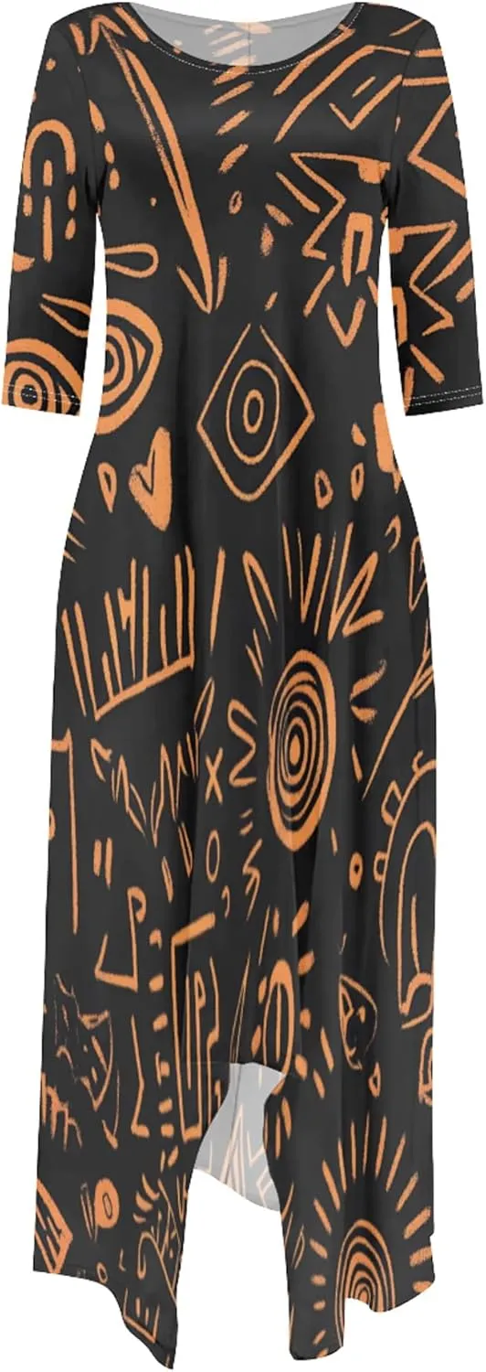 Women's Plus Size African Style Print Plus Size Long Dress Casual Loose Round Neck Breathable with Pockets Dresses