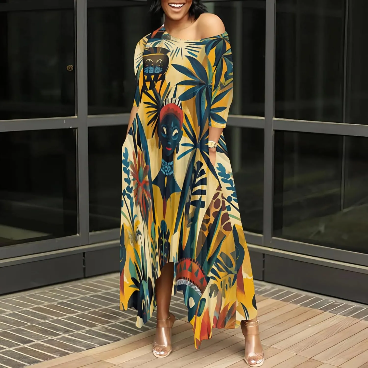 Women's Plus Size African Style Print Plus Size Long Dress Casual Loose Round Neck Breathable with Pockets Dresses