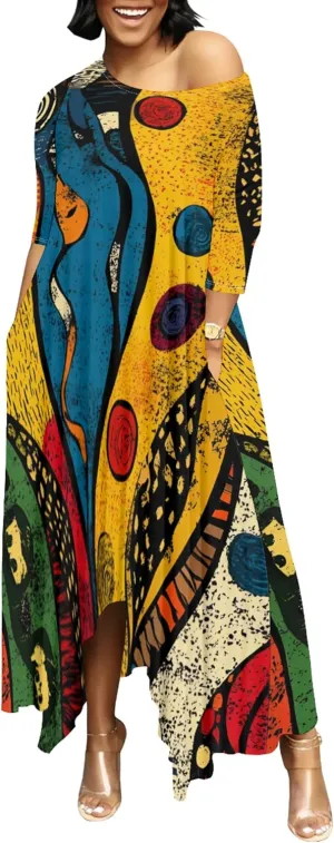 Women's Plus Size African Style Print Plus Size Long Dress Casual Loose Round Neck Breathable with Pockets Dresses