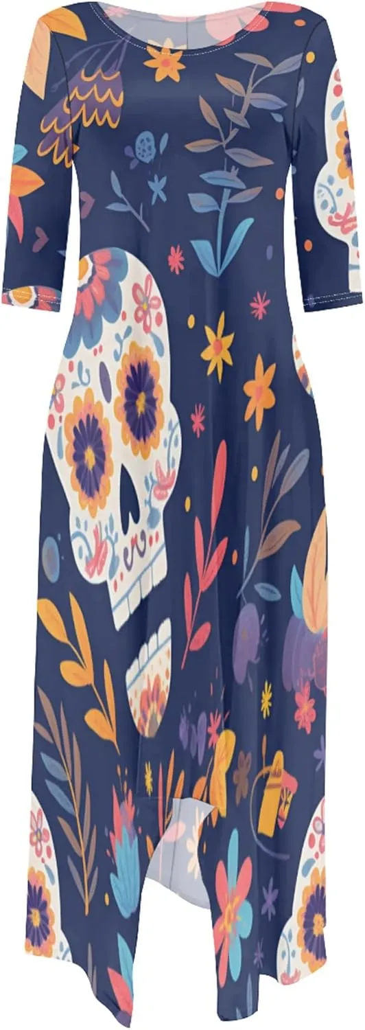 Women's Plus Size African Style Print Plus Size Long Dress Casual Loose Round Neck Breathable with Pockets Dresses