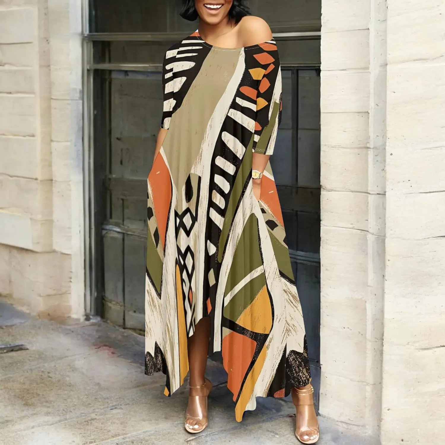 Women's Plus Size African Style Print Plus Size Long Dress Casual Loose Round Neck Breathable with Pockets Dresses
