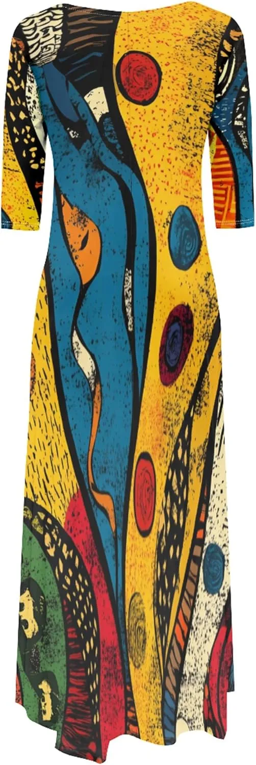 Women's Plus Size African Style Print Plus Size Long Dress Casual Loose Round Neck Breathable with Pockets Dresses