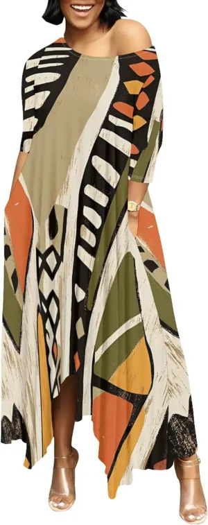 Women's Plus Size African Style Print Plus Size Long Dress Casual Loose Round Neck Breathable with Pockets Dresses