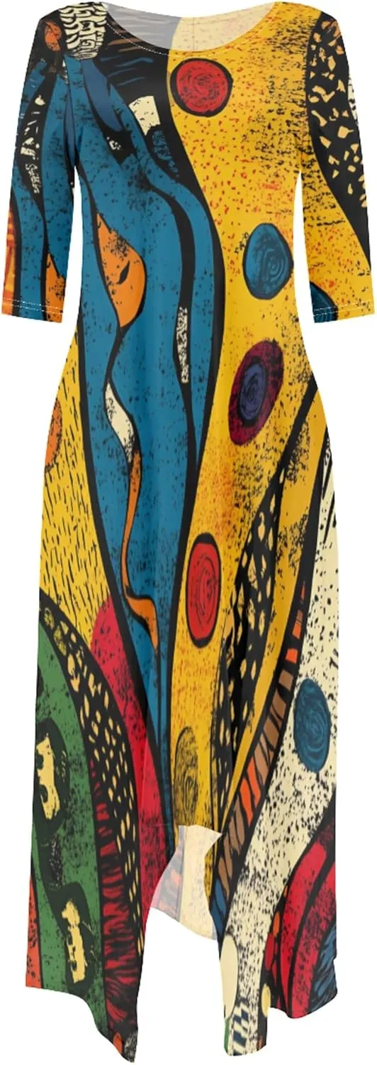Women's Plus Size African Style Print Plus Size Long Dress Casual Loose Round Neck Breathable with Pockets Dresses