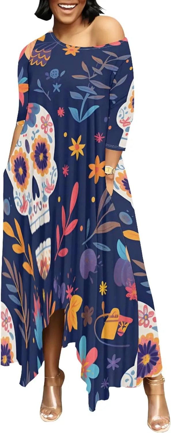 Women's Plus Size African Style Print Plus Size Long Dress Casual Loose Round Neck Breathable with Pockets Dresses