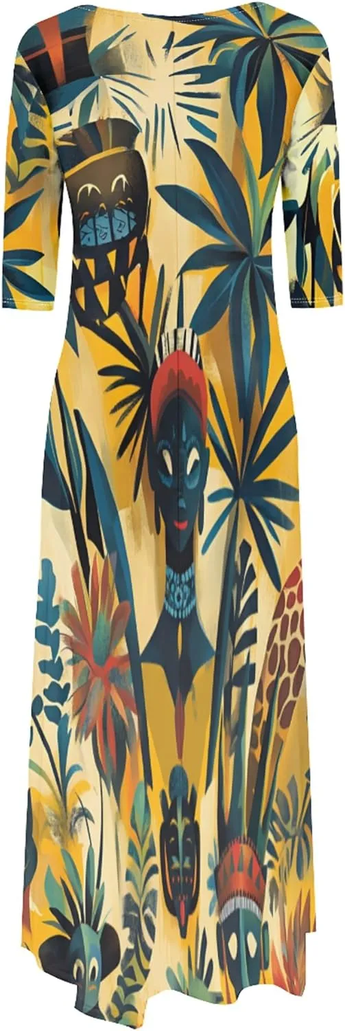 Women's Plus Size African Style Print Plus Size Long Dress Casual Loose Round Neck Breathable with Pockets Dresses