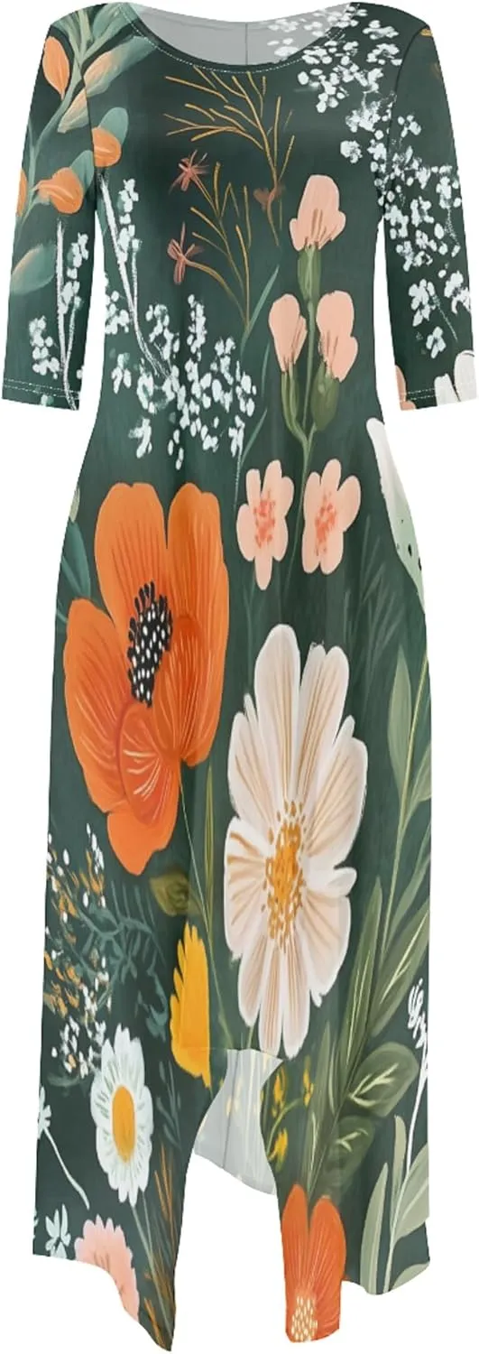 Women's Plus Size African Style Print Plus Size Long Dress Casual Loose Round Neck Breathable with Pockets Dresses
