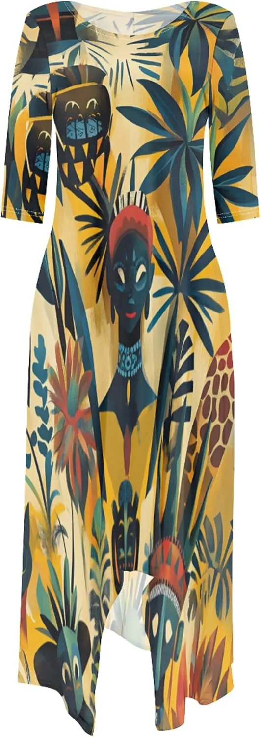 Women's Plus Size African Style Print Plus Size Long Dress Casual Loose Round Neck Breathable with Pockets Dresses