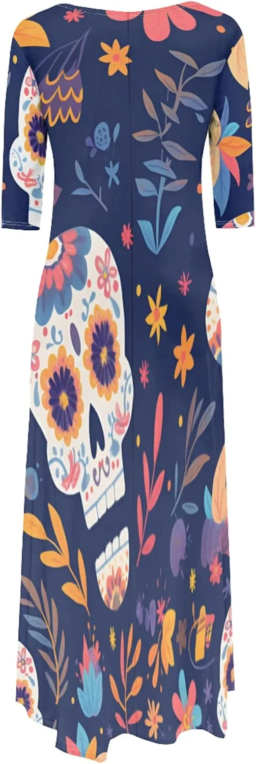 Women's Plus Size African Style Print Plus Size Long Dress Casual Loose Round Neck Breathable with Pockets Dresses
