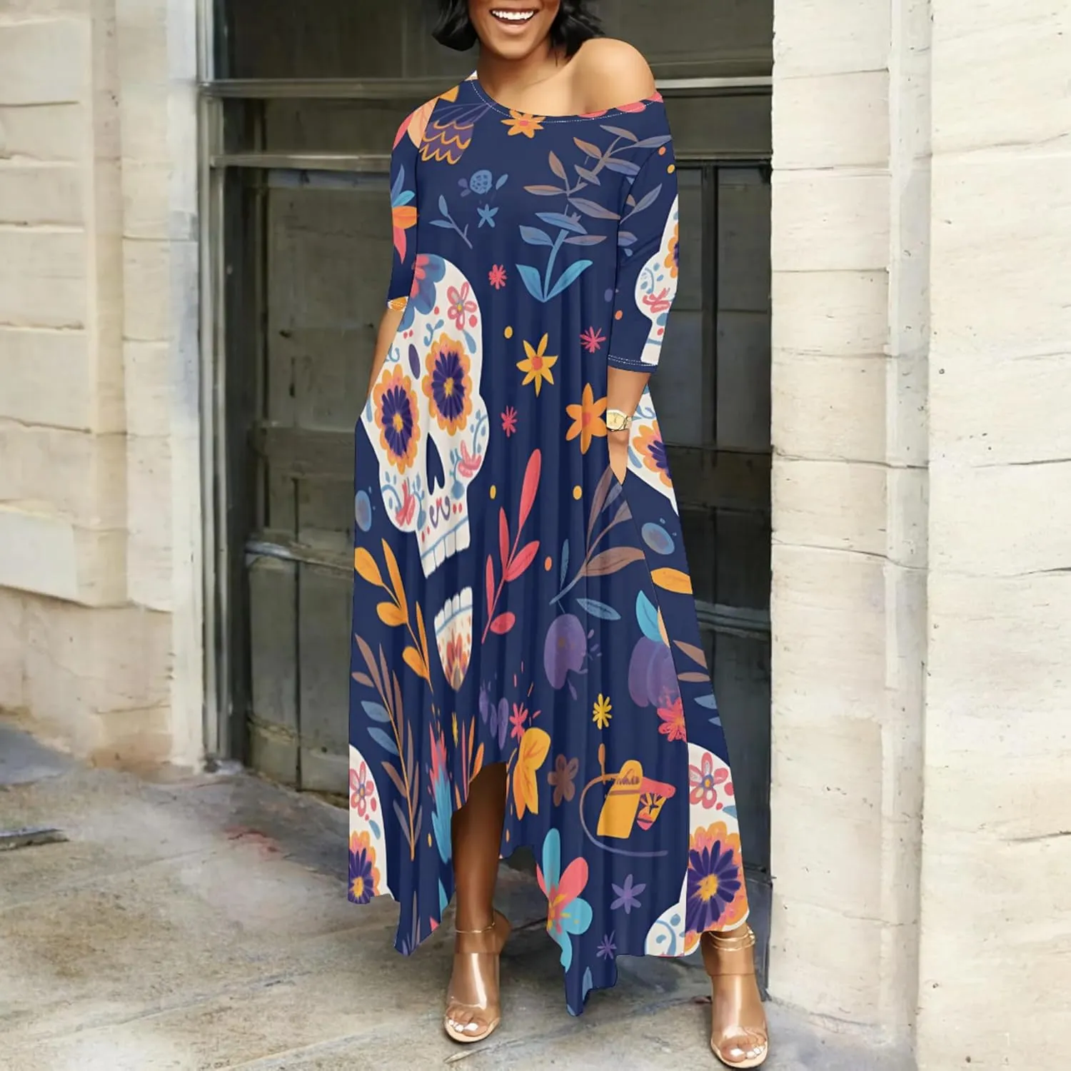 Women's Plus Size African Style Print Plus Size Long Dress Casual Loose Round Neck Breathable with Pockets Dresses