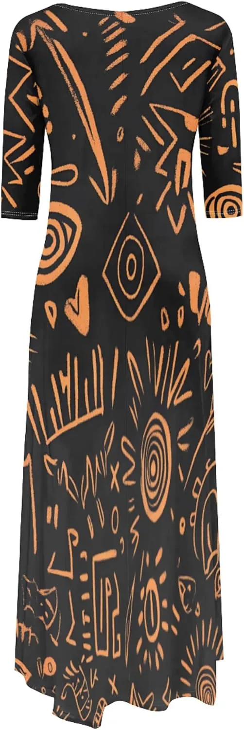 Women's Plus Size African Style Print Plus Size Long Dress Casual Loose Round Neck Breathable with Pockets Dresses