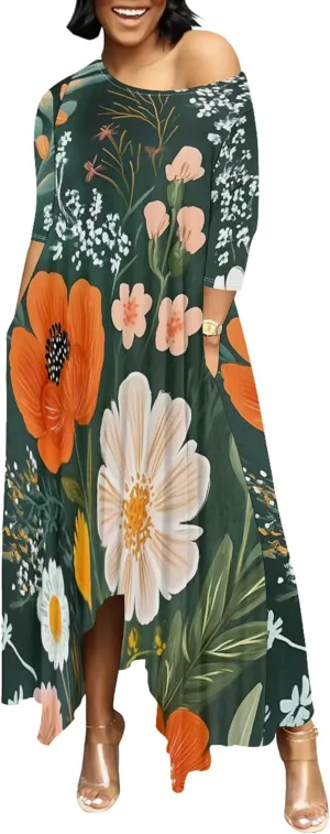 Women's Plus Size African Style Print Plus Size Long Dress Casual Loose Round Neck Breathable with Pockets Dresses