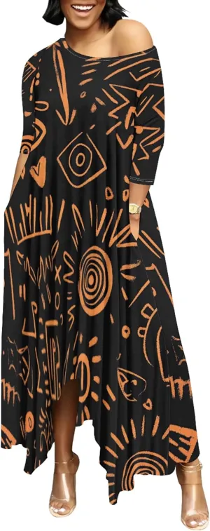 Women's Plus Size African Style Print Plus Size Long Dress Casual Loose Round Neck Breathable with Pockets Dresses
