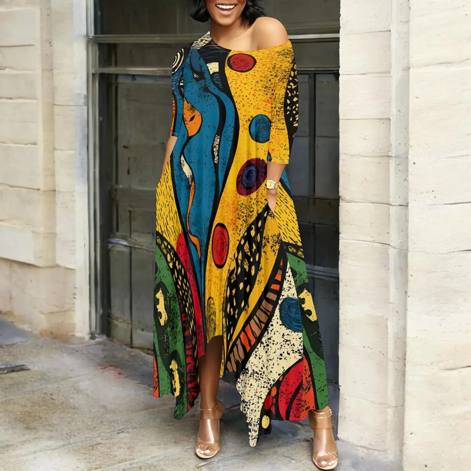 Women's Plus Size African Style Print Plus Size Long Dress Casual Loose Round Neck Breathable with Pockets Dresses