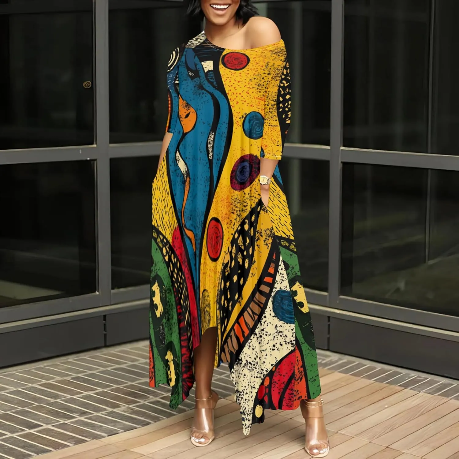 Women's Plus Size African Style Print Plus Size Long Dress Casual Loose Round Neck Breathable with Pockets Dresses