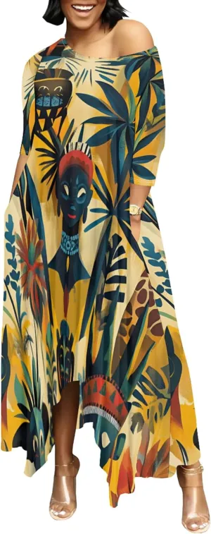 Women's Plus Size African Style Print Plus Size Long Dress Casual Loose Round Neck Breathable with Pockets Dresses