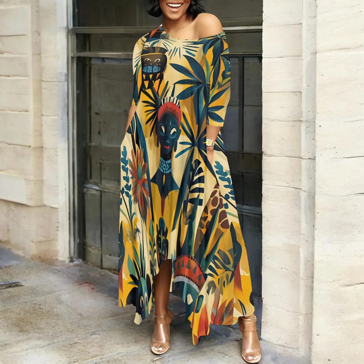 Women's Plus Size African Style Print Plus Size Long Dress Casual Loose Round Neck Breathable with Pockets Dresses