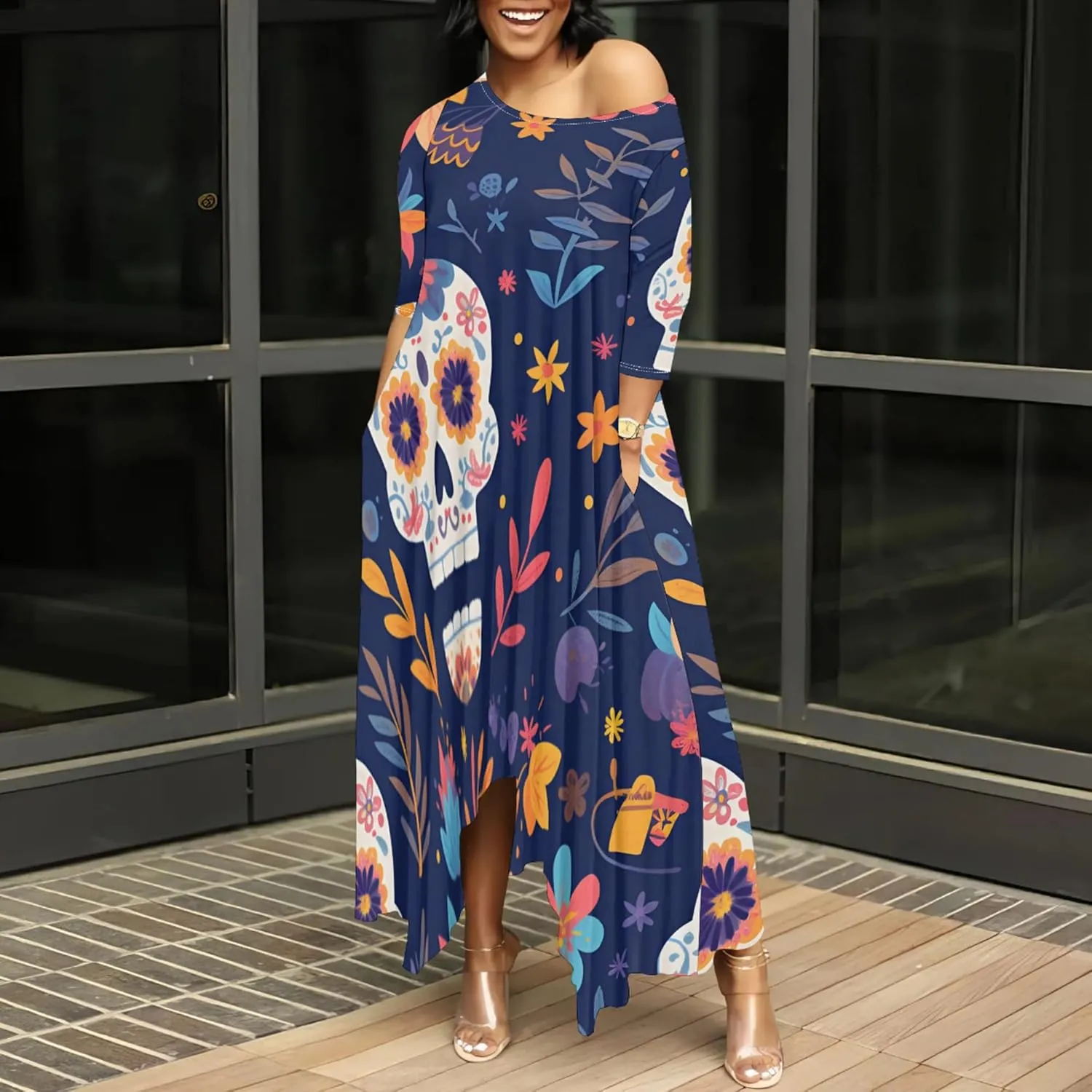 Women's Plus Size African Style Print Plus Size Long Dress Casual Loose Round Neck Breathable with Pockets Dresses