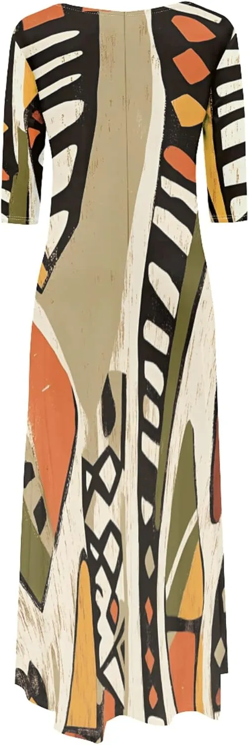 Women's Plus Size African Style Print Plus Size Long Dress Casual Loose Round Neck Breathable with Pockets Dresses