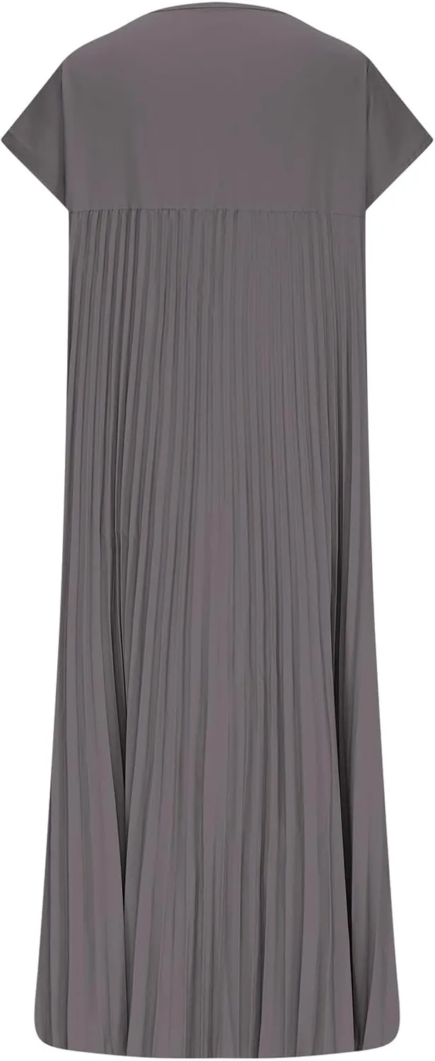 Women's Plus Size Ruched Casual Midi Dress, Summer Short Sleeve Crewneck Vacation Clothes Loose Fit Breathable Dresses