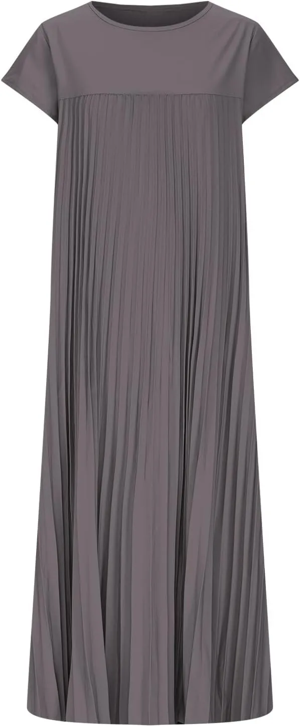 Women's Plus Size Ruched Casual Midi Dress, Summer Short Sleeve Crewneck Vacation Clothes Loose Fit Breathable Dresses
