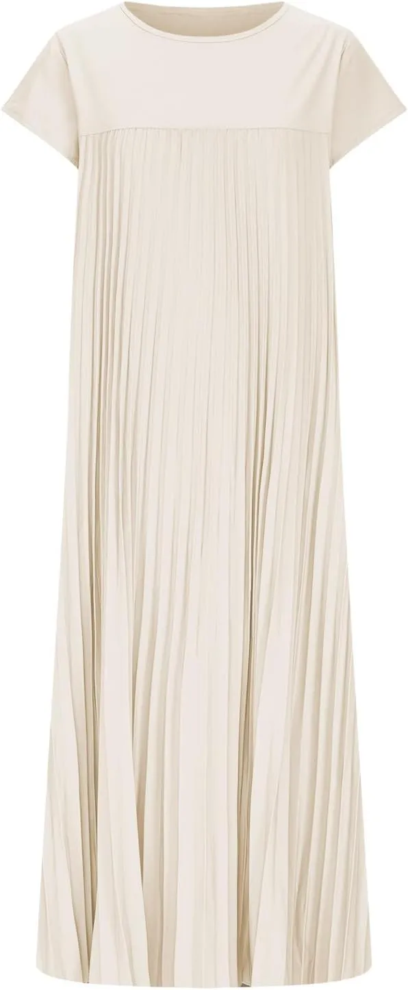 Women's Plus Size Ruched Casual Midi Dress, Summer Short Sleeve Crewneck Vacation Clothes Loose Fit Breathable Dresses
