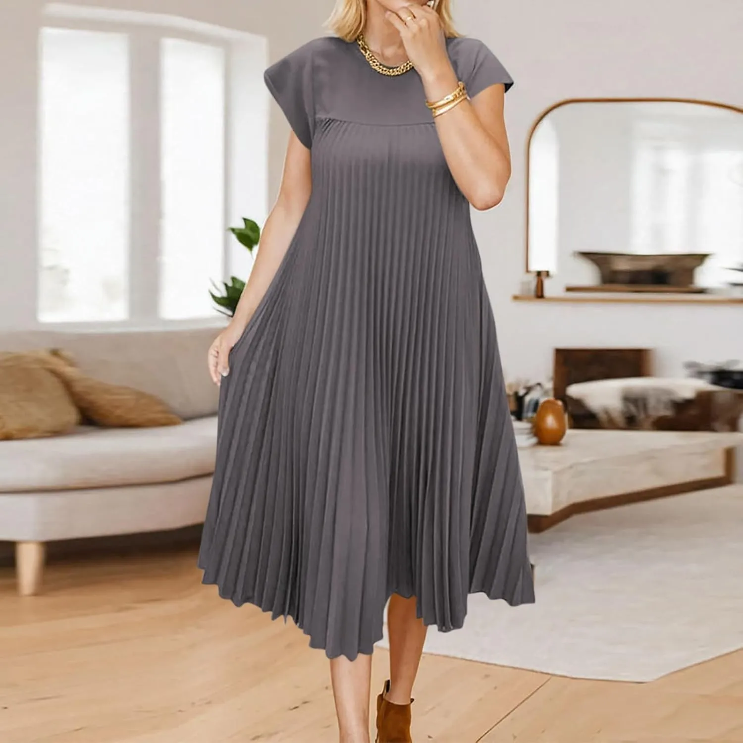 Women's Plus Size Ruched Casual Midi Dress, Summer Short Sleeve Crewneck Vacation Clothes Loose Fit Breathable Dresses