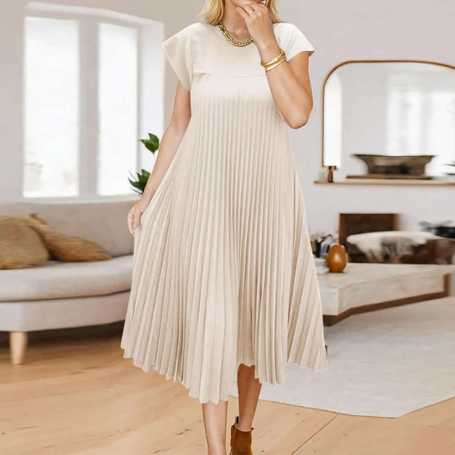 Women's Plus Size Ruched Casual Midi Dress, Summer Short Sleeve Crewneck Vacation Clothes Loose Fit Breathable Dresses