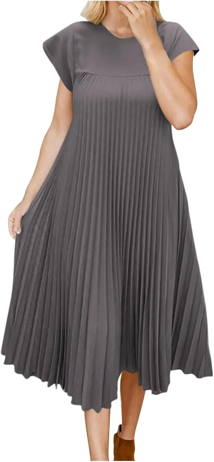 Women's Plus Size Ruched Casual Midi Dress, Summer Short Sleeve Crewneck Vacation Clothes Loose Fit Breathable Dresses