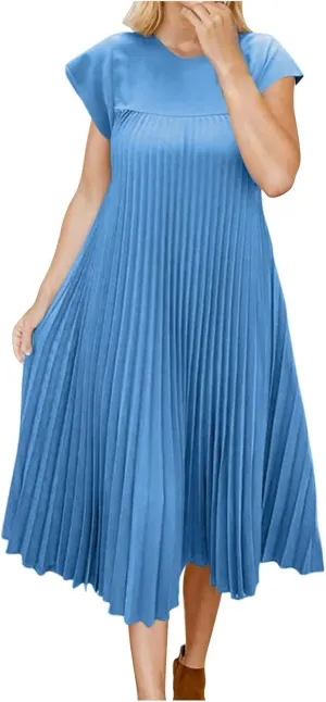 Women's Plus Size Ruched Casual Midi Dress, Summer Short Sleeve Crewneck Vacation Clothes Loose Fit Breathable Dresses