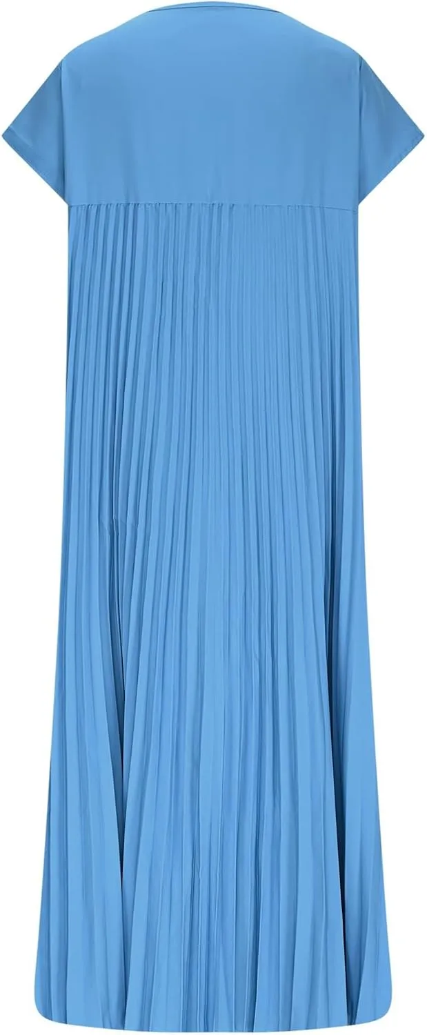 Women's Plus Size Ruched Casual Midi Dress, Summer Short Sleeve Crewneck Vacation Clothes Loose Fit Breathable Dresses