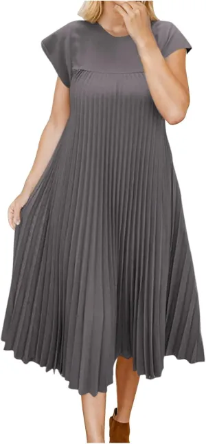 Women's Plus Size Ruched Casual Midi Dress, Summer Short Sleeve Crewneck Vacation Clothes Loose Fit Breathable Dresses