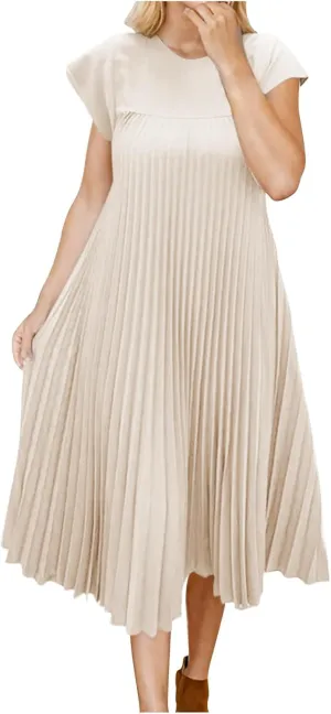 Women's Plus Size Ruched Casual Midi Dress, Summer Short Sleeve Crewneck Vacation Clothes Loose Fit Breathable Dresses