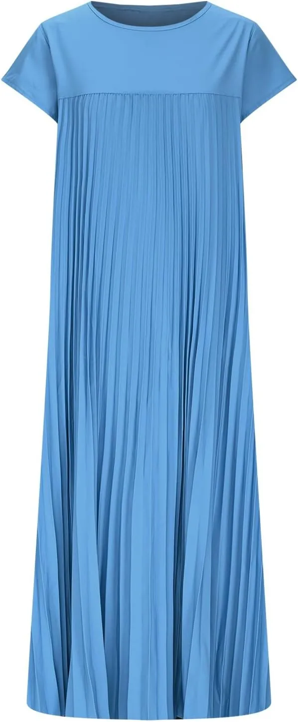 Women's Plus Size Ruched Casual Midi Dress, Summer Short Sleeve Crewneck Vacation Clothes Loose Fit Breathable Dresses