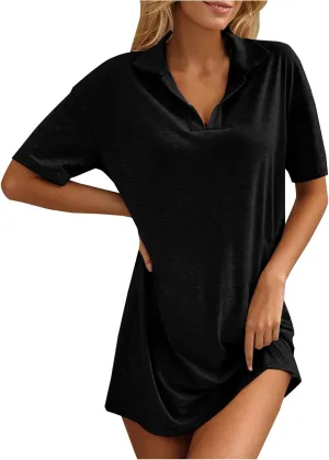 Women's Summer Casual Mini Dress, Solid Color Short Sleeve Lapel Daily Home Clothes Loose Breathable Comfy Dresses