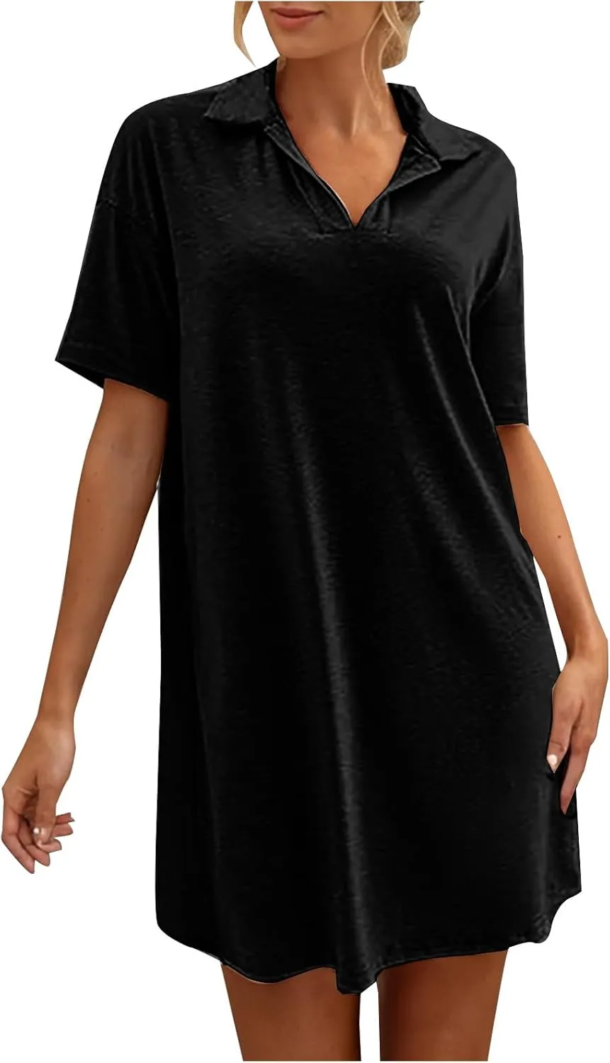 Women's Summer Casual Mini Dress, Solid Color Short Sleeve Lapel Daily Home Clothes Loose Breathable Comfy Dresses
