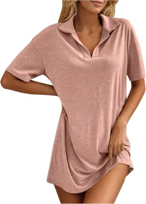 Women's Summer Casual Mini Dress, Solid Color Short Sleeve Lapel Daily Home Clothes Loose Breathable Comfy Dresses
