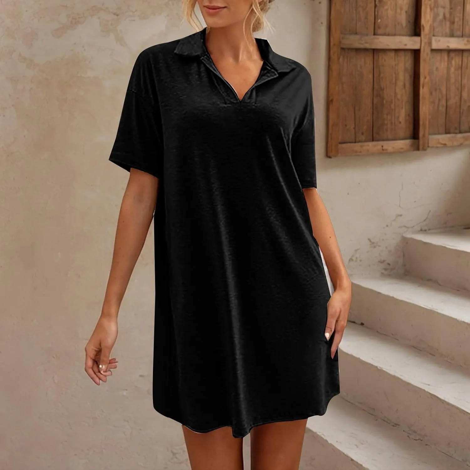 Women's Summer Casual Mini Dress, Solid Color Short Sleeve Lapel Daily Home Clothes Loose Breathable Comfy Dresses