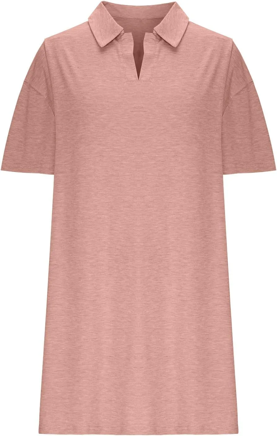 Women's Summer Casual Mini Dress, Solid Color Short Sleeve Lapel Daily Home Clothes Loose Breathable Comfy Dresses