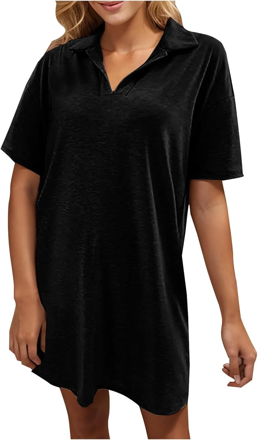 Women's Summer Casual Mini Dress, Solid Color Short Sleeve Lapel Daily Home Clothes Loose Breathable Comfy Dresses