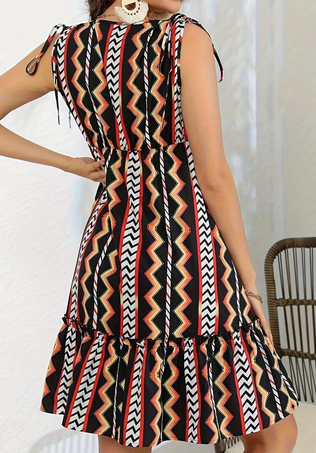 Womens Summer V-Neck Bohemian Floral Pattern Drawstring Ruffle Cap Sleeveless Mini Dress Breathable & Soft Sundress