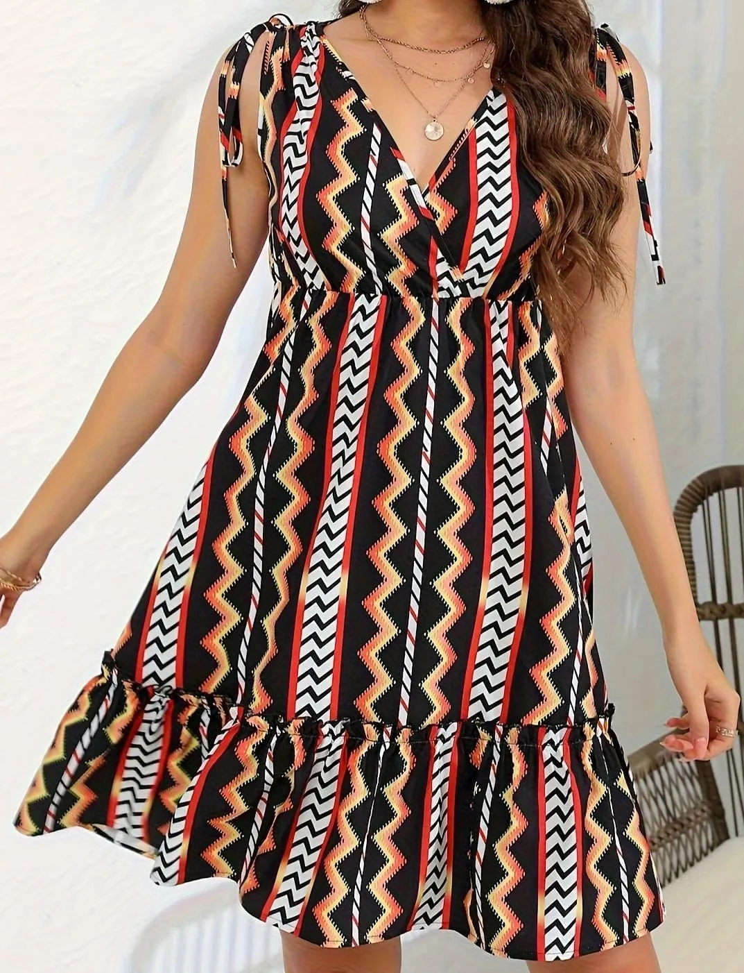 Womens Summer V-Neck Bohemian Floral Pattern Drawstring Ruffle Cap Sleeveless Mini Dress Breathable & Soft Sundress