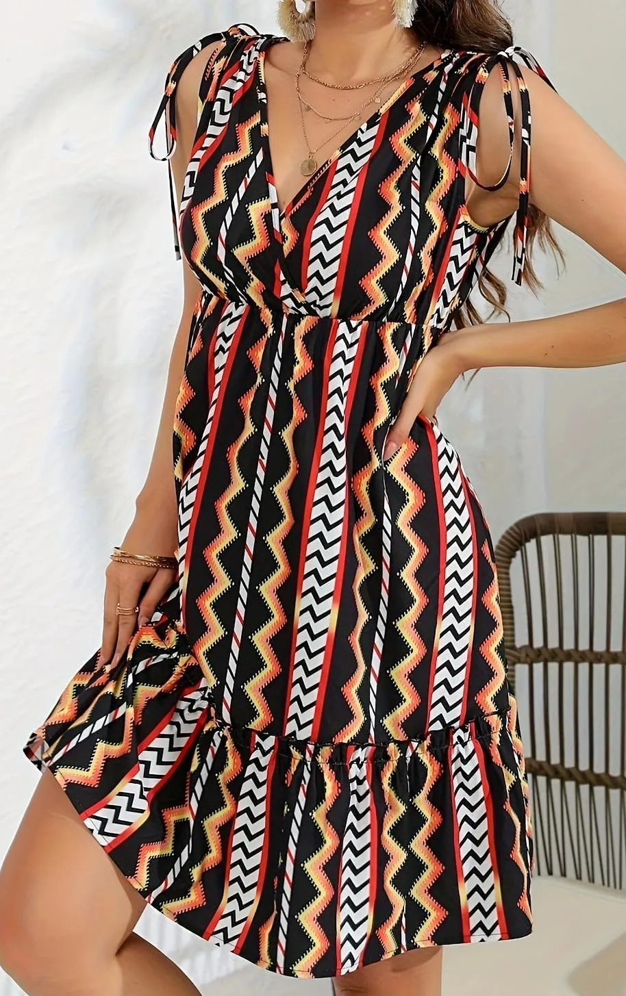 Womens Summer V-Neck Bohemian Floral Pattern Drawstring Ruffle Cap Sleeveless Mini Dress Breathable & Soft Sundress